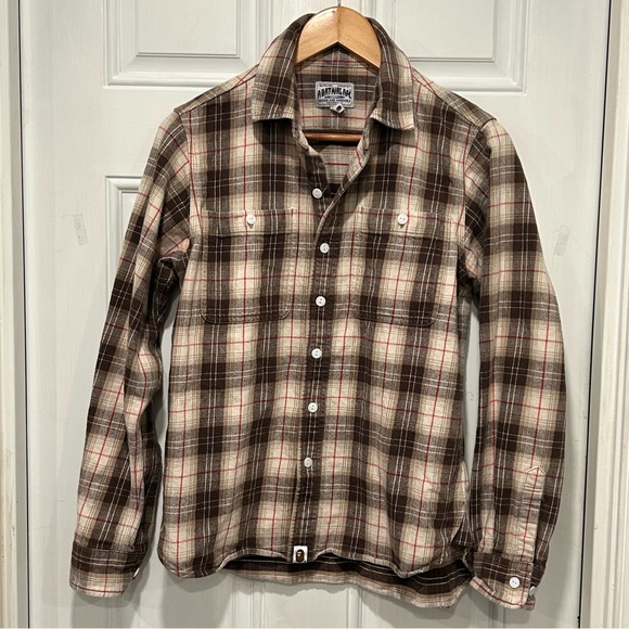 Bape A Bathing Ape Men’s Plaid Flannel Shirt Brown Cream Streetwear Medium